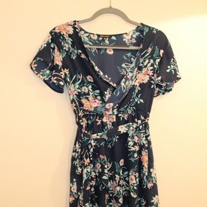 Blue & Pink Floral Wrap Dress